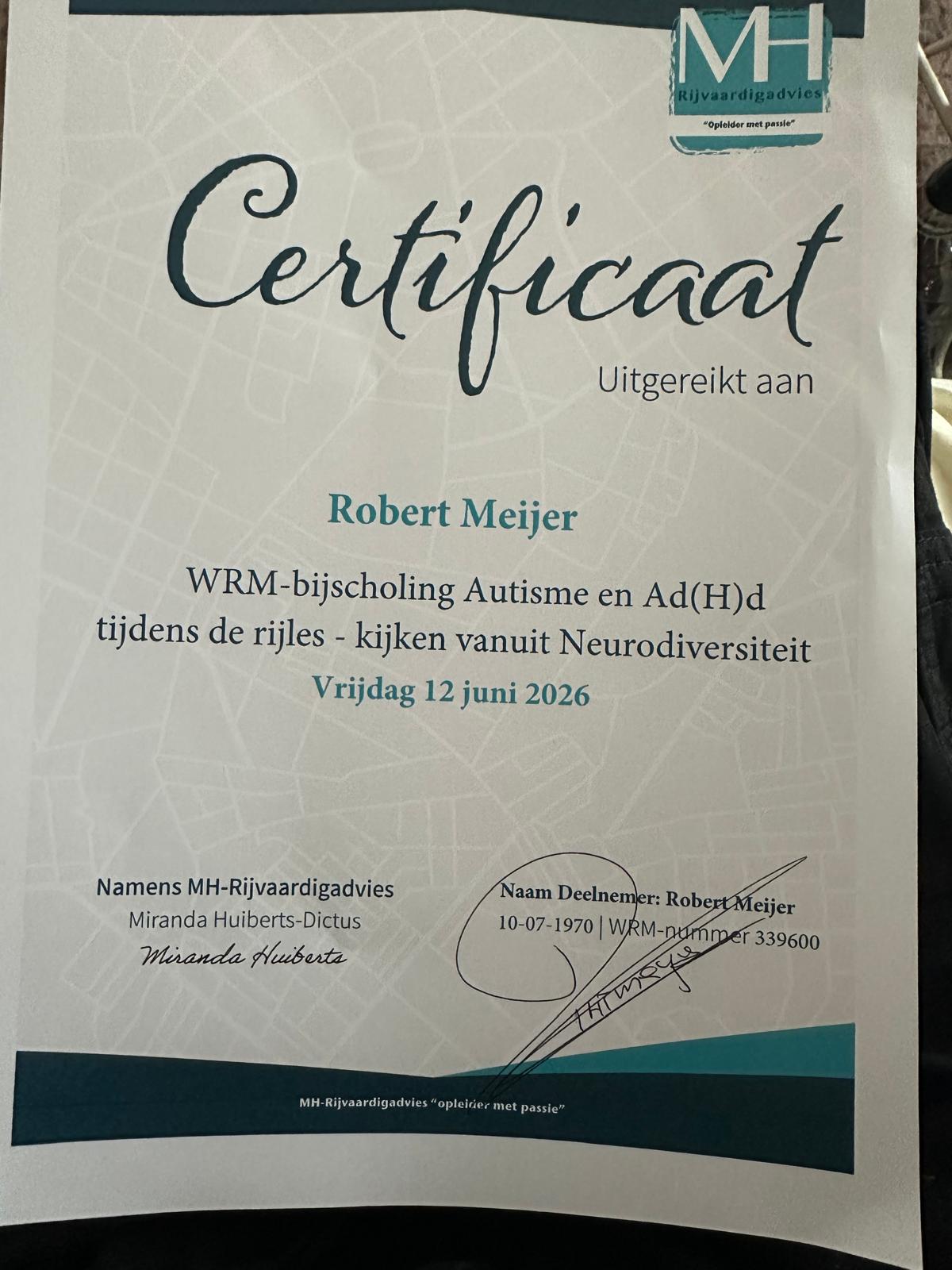 WRM-bijscholing certificaat: Autisme en AD(H)D tijdens de rijles